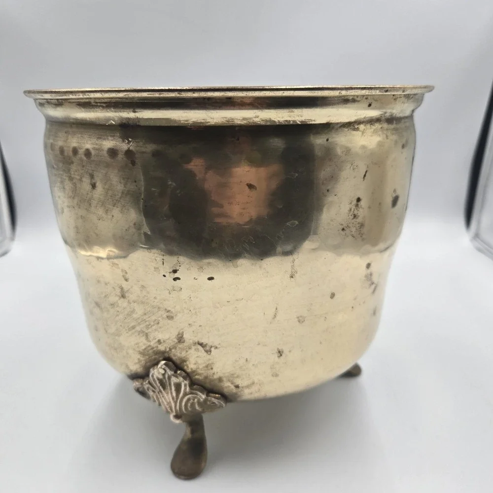 Vintage Solid Brass Hammered Planter Cachepot Claw Feet Patina Pot Large